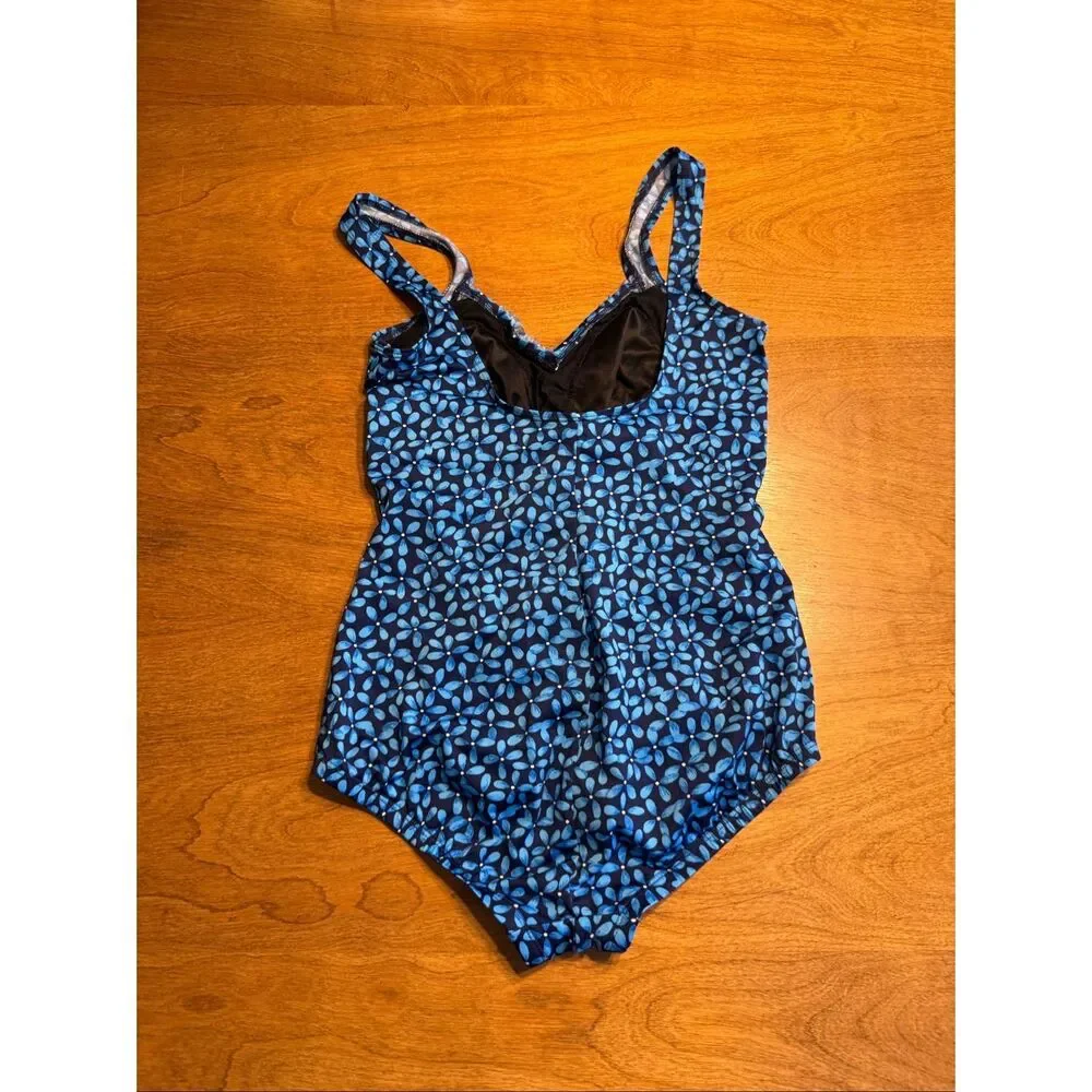 Gabar Women's Floral Ruched Front V-Neck One-Piece Swimsuit Navy Blue Size 14